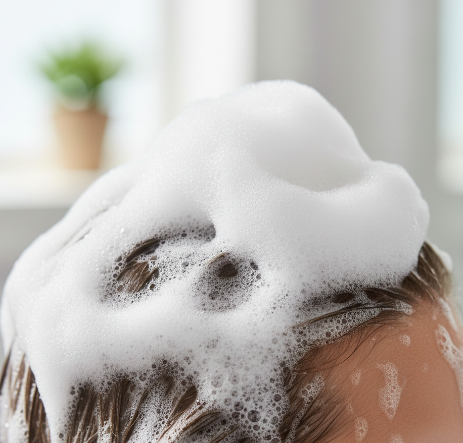 Foamy shampoo on someone's hair
