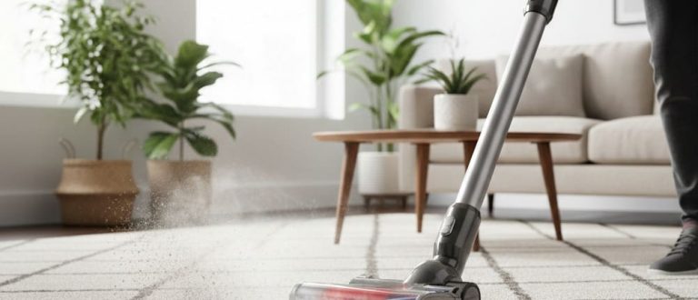 Person vacuuming a carpeted room