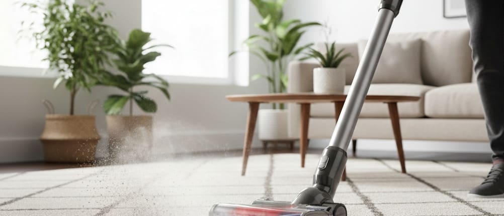 Person vacuuming a carpeted room