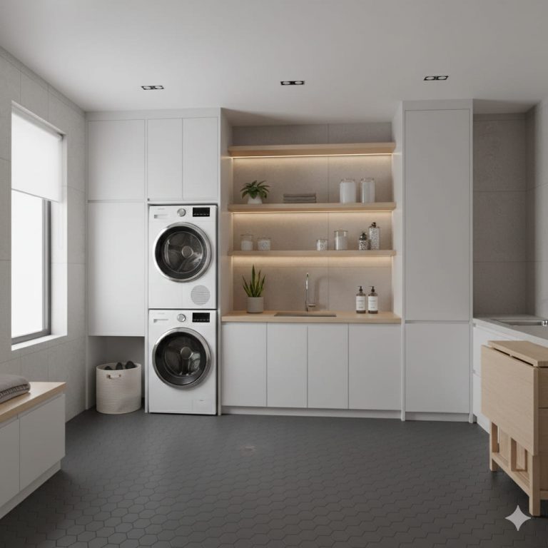 Modern laundry room with appliances and shelves