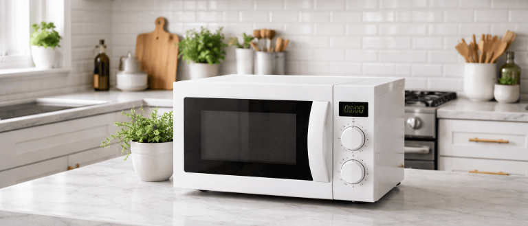 White microwave in modern kitchen
