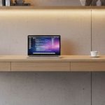 Modern desk with laptop and decor